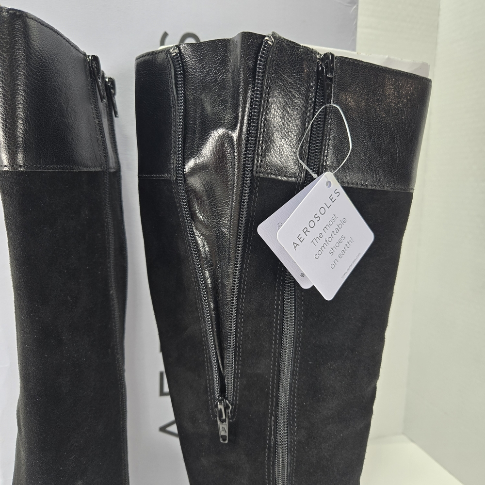 AEROSOLES Taba Black Suede Knee-High Two Zipper Expand Calf Riding Boot Size 7.5 - Picture 8 of 13
